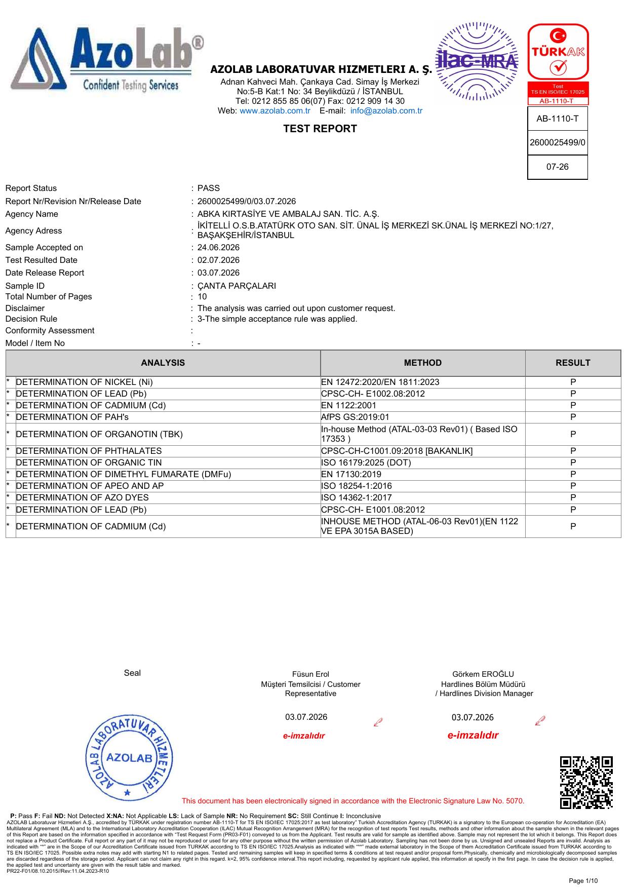 Bag Components Accredited Laboratory Test Report