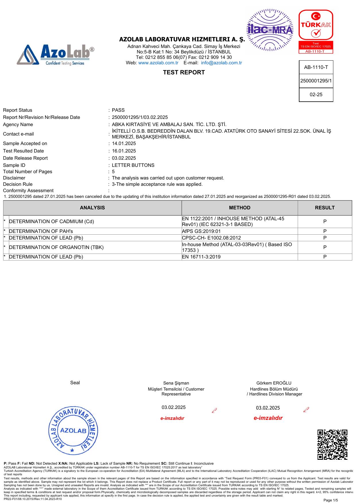 Letter Buttons & Plastic Accessories Accredited Laboratory Test Report