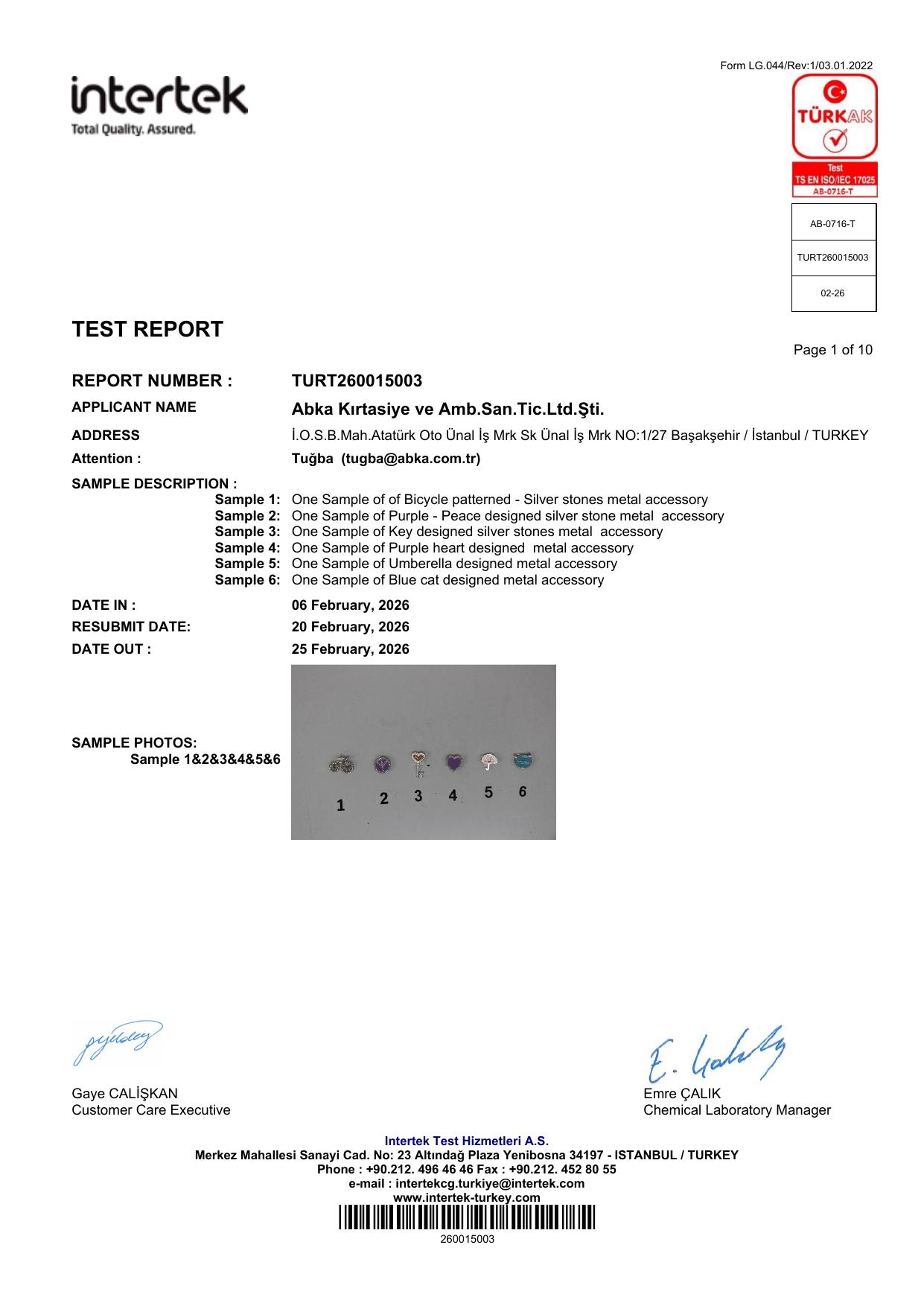 Metal & Plastic Figured Accessories Accredited Laboratory Test Report