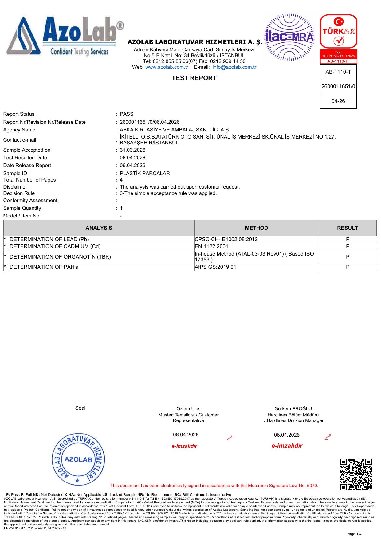 Plastic Handles & Molded Parts Accredited Laboratory Test Report